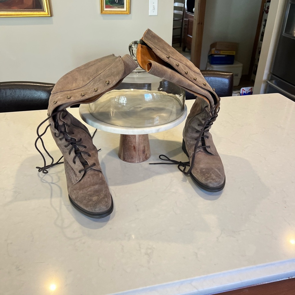 Hunter Taupe Lace-Up Foldover Suede Boots